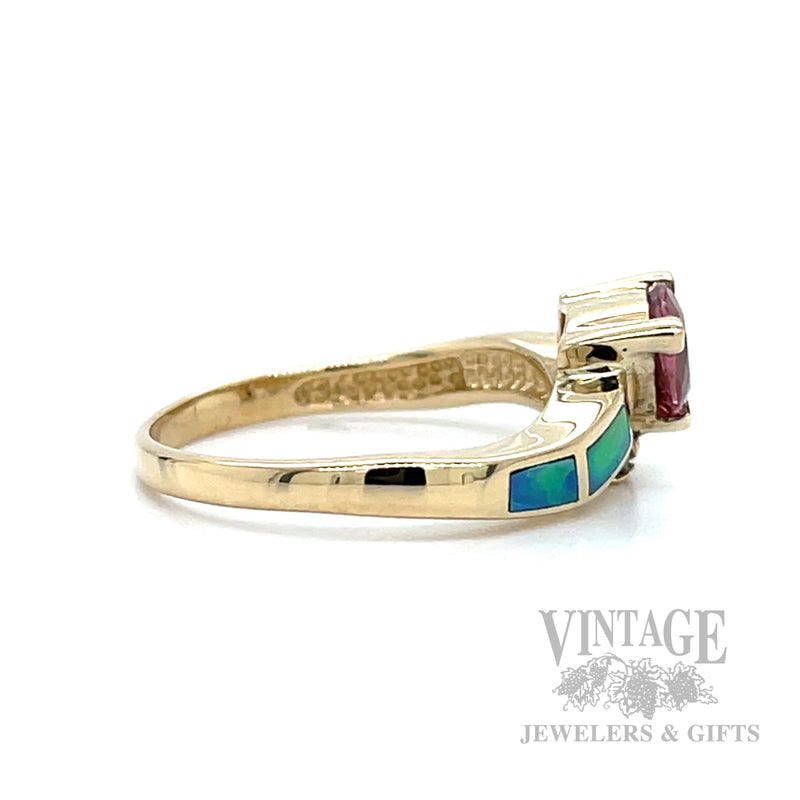 Bypass Pink Tourmaline and Opal Inlay 14k Gold Ring Side View