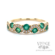 Elegant Wave Emerald & Diamond 14K Gold Ring Front View