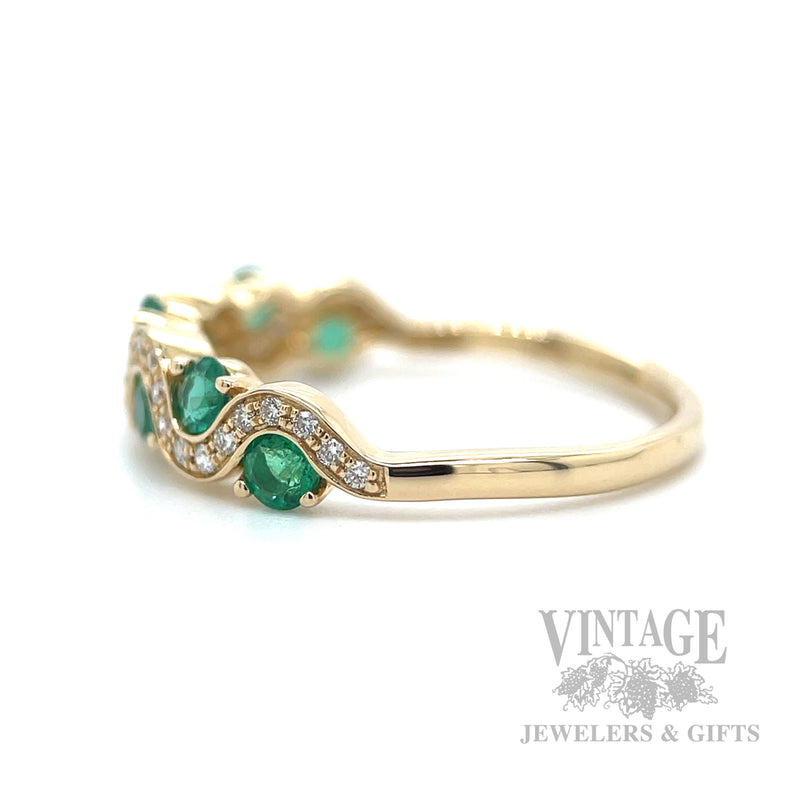 Elegant Wave Emerald & Diamond 14K Gold Ring Side View