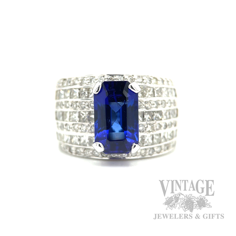 Emerald Cut Tanzanite and Diamond 18K White Gold Ring