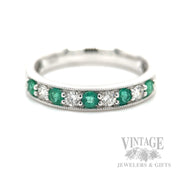 Emerald and Diamond 14k White Gold Band Front View
