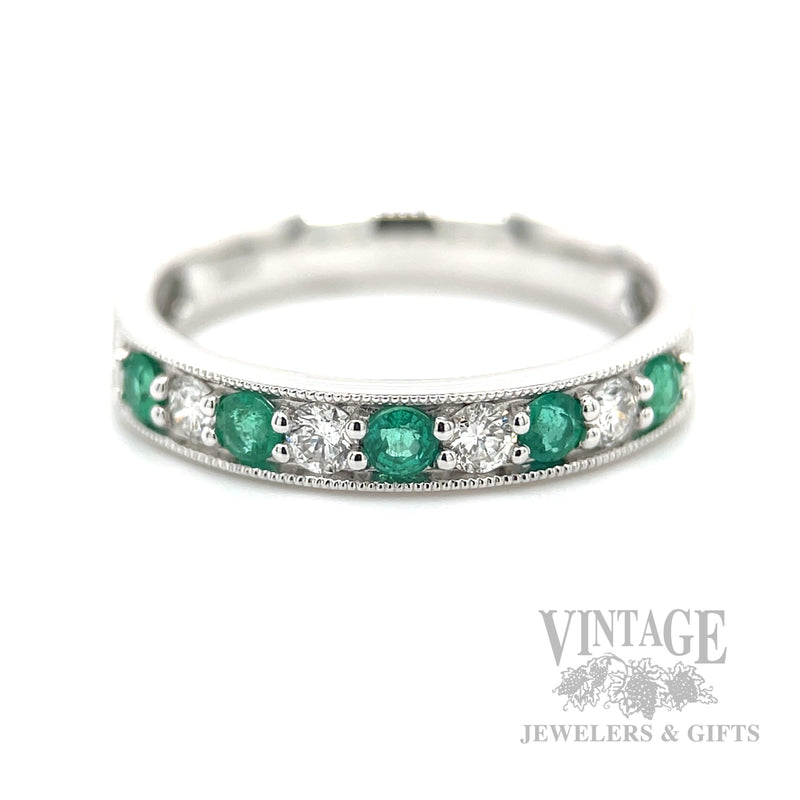 Emerald and Diamond 14k White Gold Band Front View
