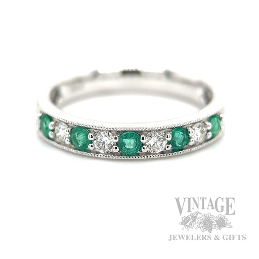 Emerald and Diamond 14k White Gold Band Front View
