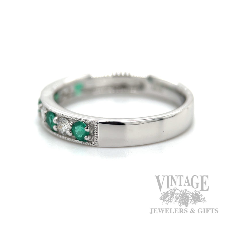 Emerald and Diamond 14k White Gold Band Side View