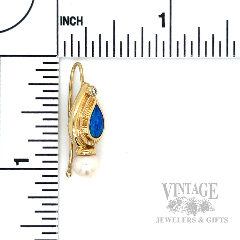 Opal, Akoya Pearl and Diamond 15K Gold Earrings Scale View