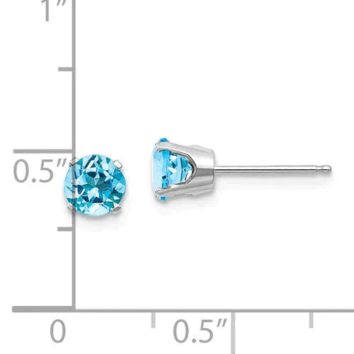 14 karat white gold Blue Topaz 5mm pierced stud Earrings shown to scale