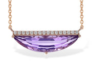 14k rose gold contemporary half moon amethyst and diamond necklace, close up