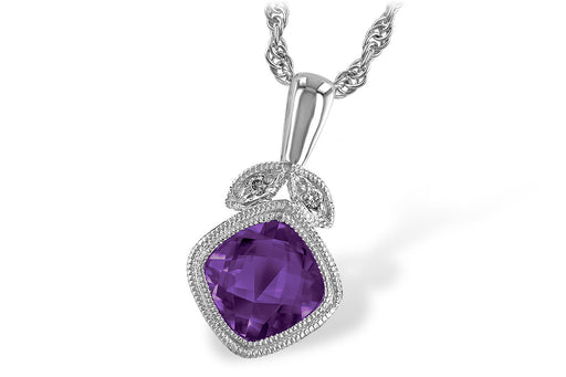 14kw gold cushion shaped amethyst and diamond necklace, close up