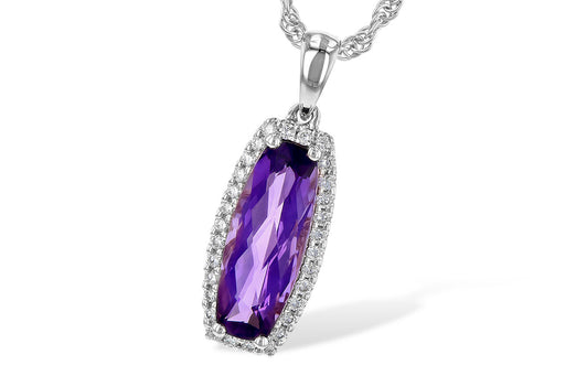 14kw gold elongated amethyst and diamond halo necklace, close up