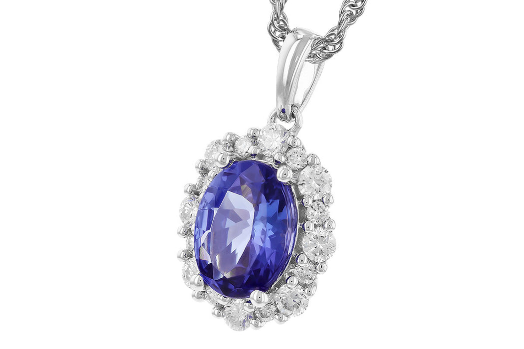 Oval tanzanite and diamond 14kw gold necklace angle