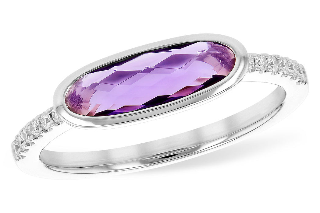 Elonaged oval amethyst and diamond east west 14kw gold ring 