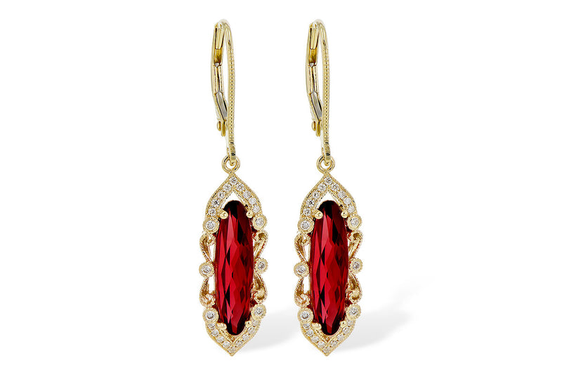 Elongated garnet and diamond 14ky gold drop earrings
