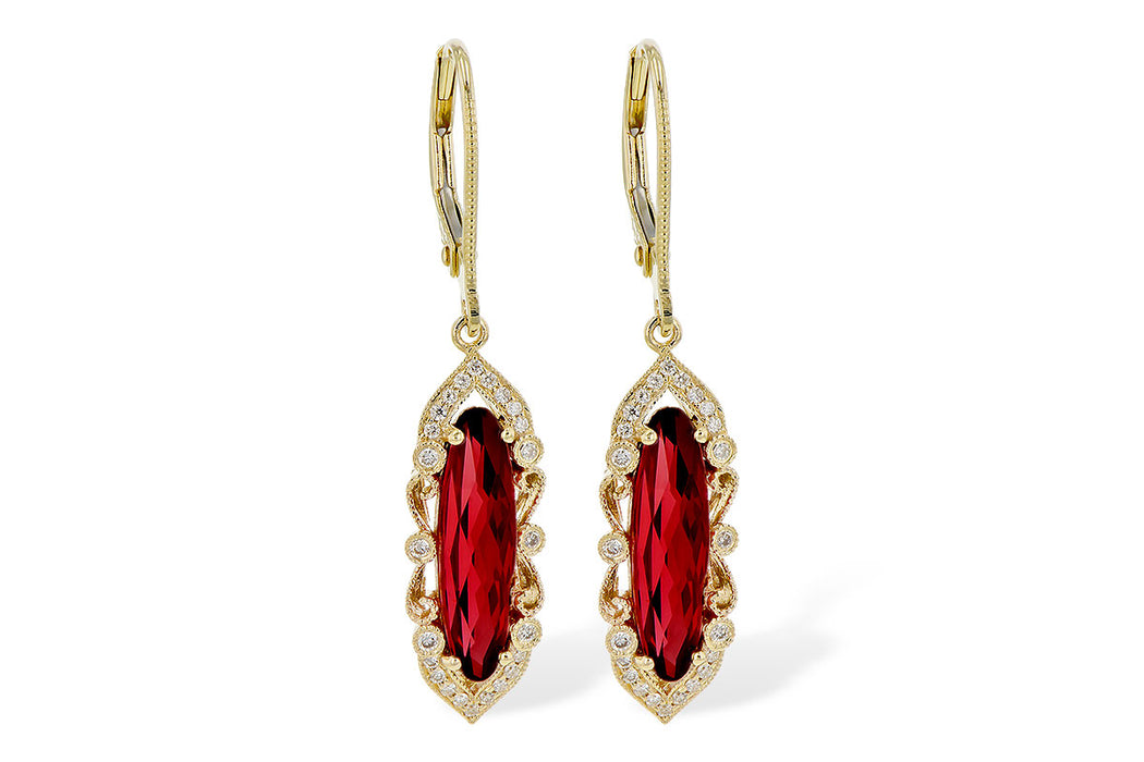 Elongated garnet and diamond 14ky gold drop earrings