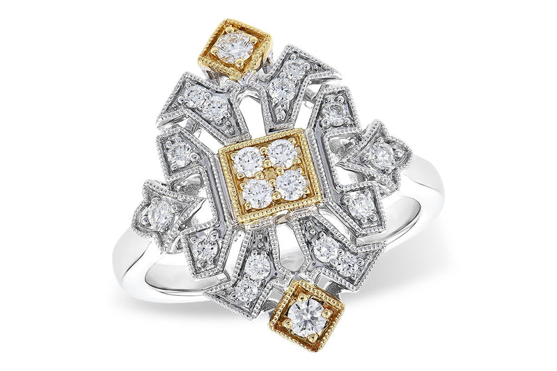 14 karat two-tone, yellow and white gold vintage inspired diamond ring with milgrain finish