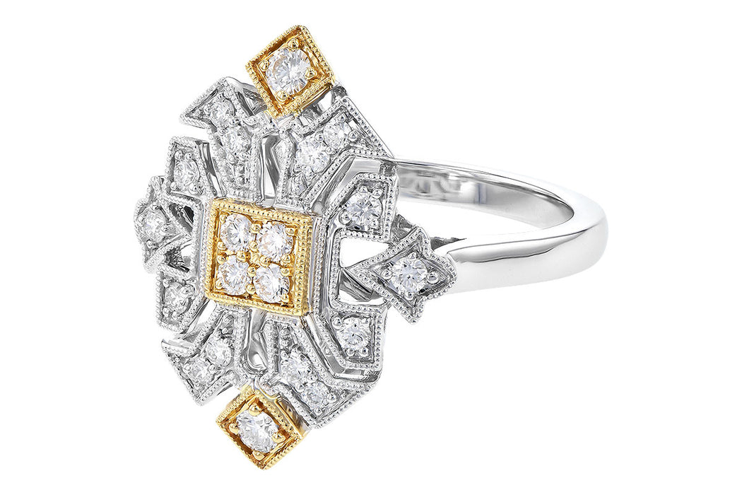 14 karat two-tone, yellow and white gold vintage inspired diamond ring with milgrain finish