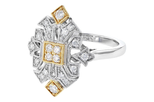 14 karat two-tone, yellow and white gold vintage inspired diamond ring with milgrain finish