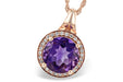 14 karat rose gold amethyst and diamond halo pendant