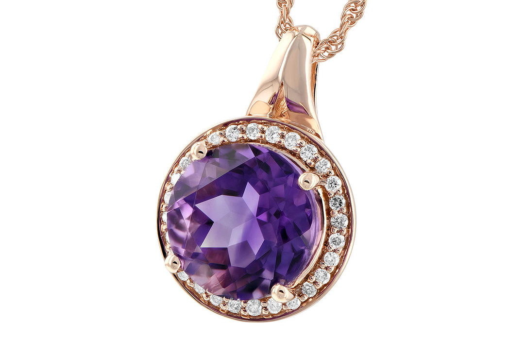 14 karat rose gold amethyst and diamond halo pendant