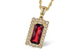 14 karat yellow gold rectangular checkerboard cut garnet and diamond halo pendant