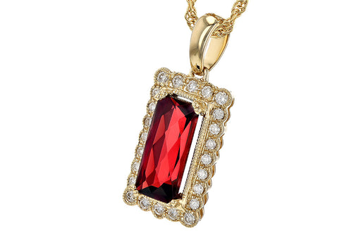 14 karat yellow gold rectangular checkerboard cut garnet and diamond halo pendant