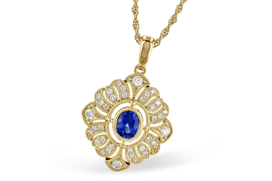 Blue sapphire and diamond vintage inspired 14k gold necklace