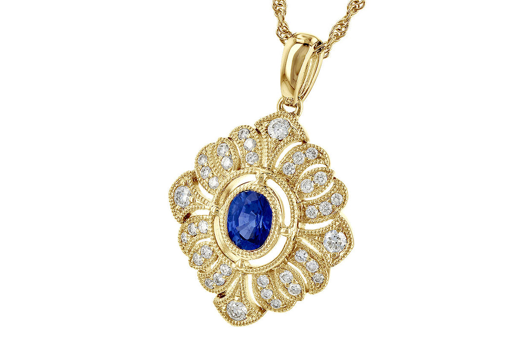 Blue sapphire and diamond vintage inspired 14k gold necklace