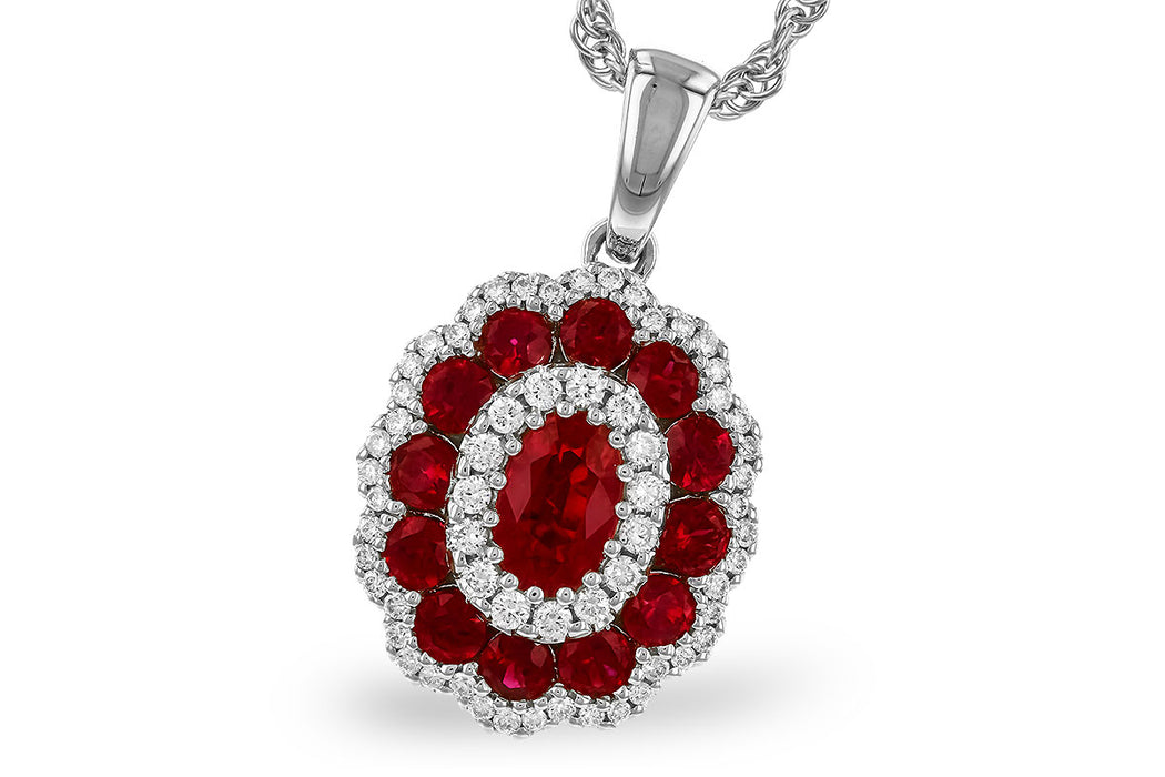 Oval ruby and diamond double row 14k gold necklace.