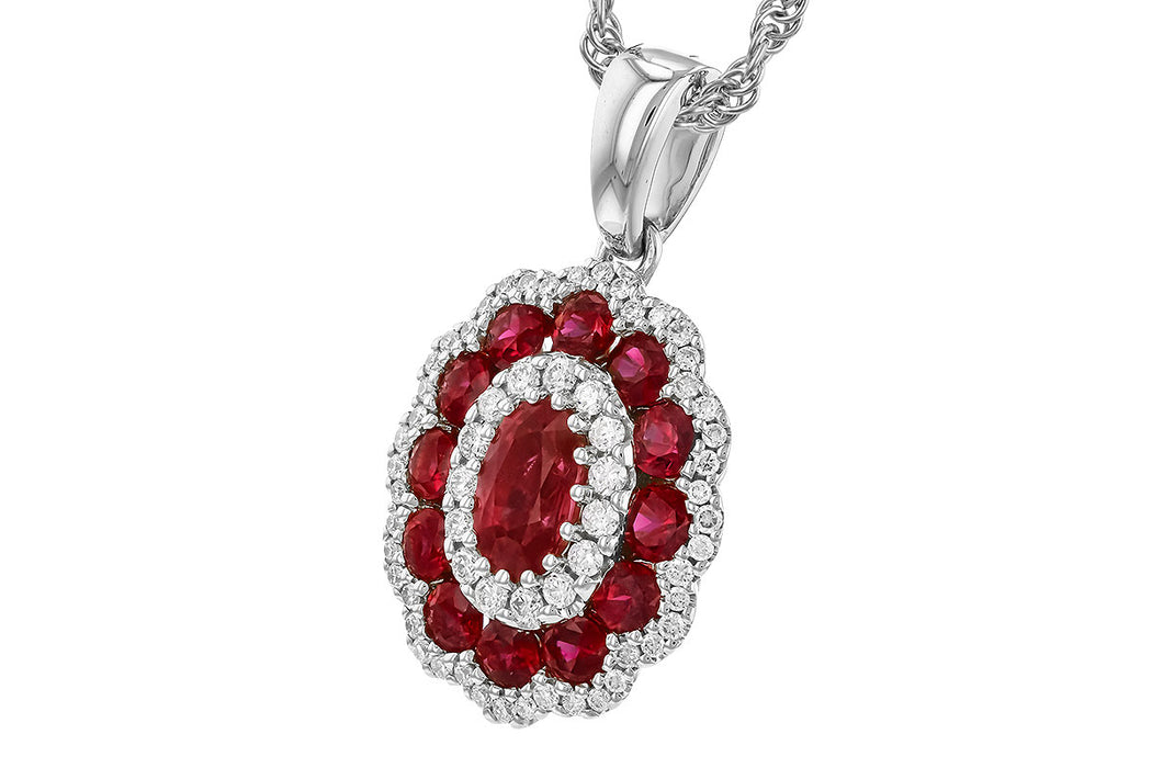 Oval ruby and diamond double row 14k gold necklace.