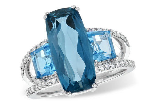 14kw gold three stone blue topaz and diamond ring, close up