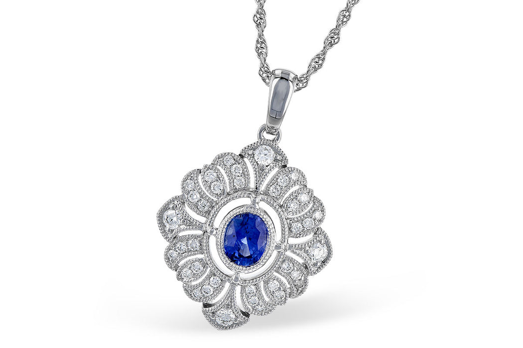 Blue sapphire and diamond vintage inspired 14k gold necklace