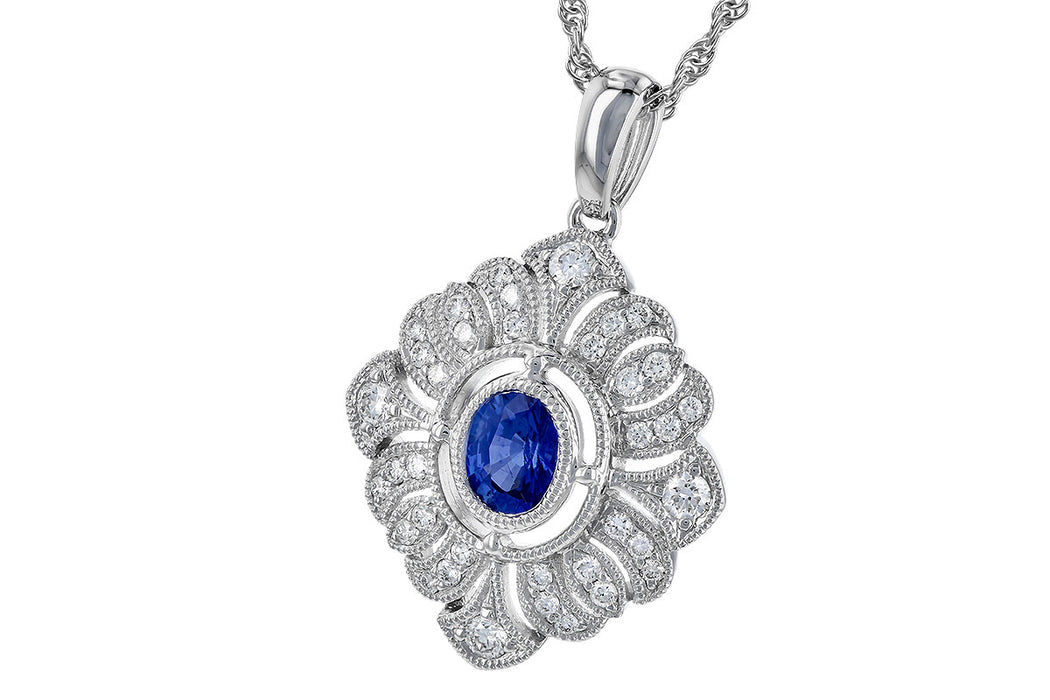 Blue sapphire and diamond vintage inspired 14k gold necklace