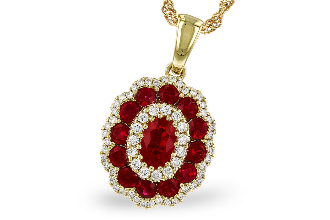 Oval ruby and diamond double row 14k gold necklace.