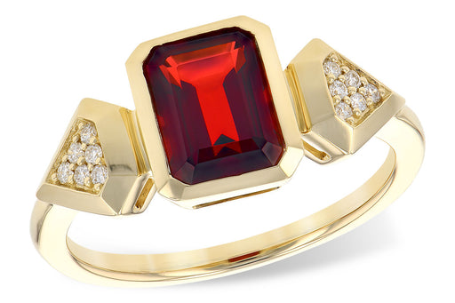 Bezel Set Emerald cut Red Garnet with Pave Natural Round Cut Diamond 14k yellow gold ring top