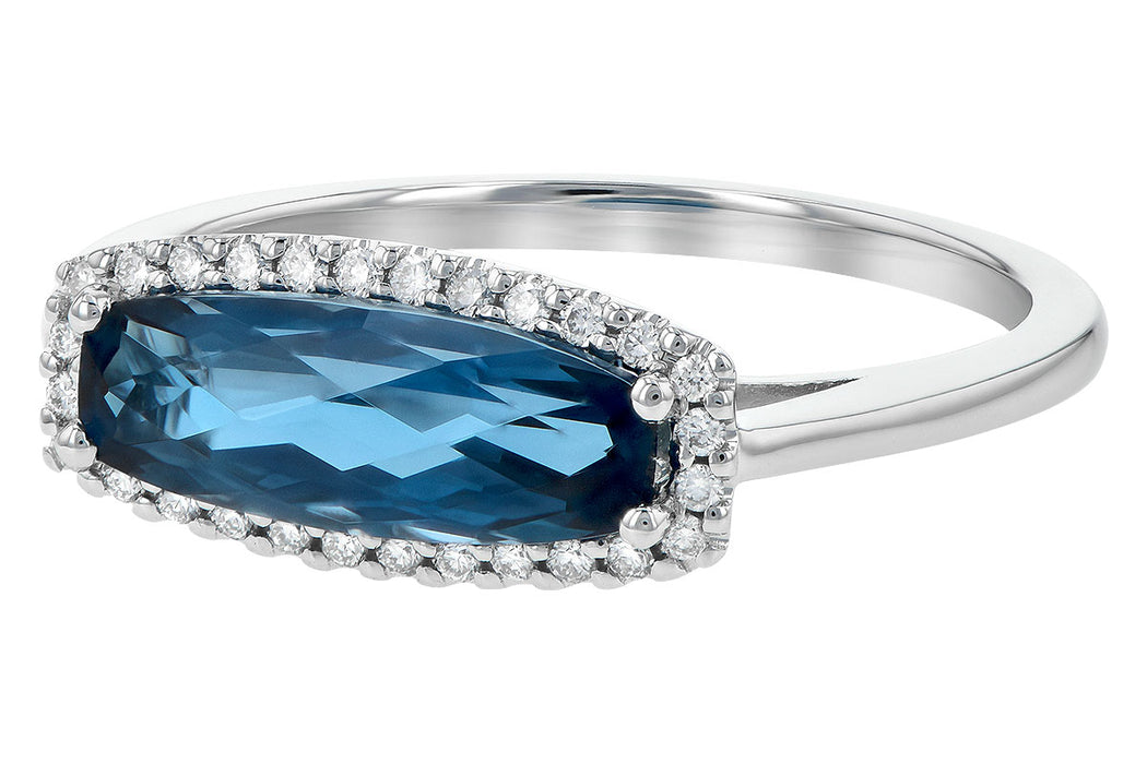 14kw gold East-West London blue topaz and diamond halo ring, angled close up
