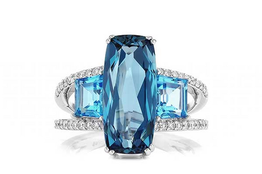 14kw gold three stone blue topaz and diamond ring, top