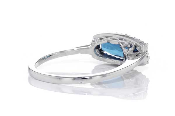 14kw gold East-West London blue topaz and diamond halo ring, underside