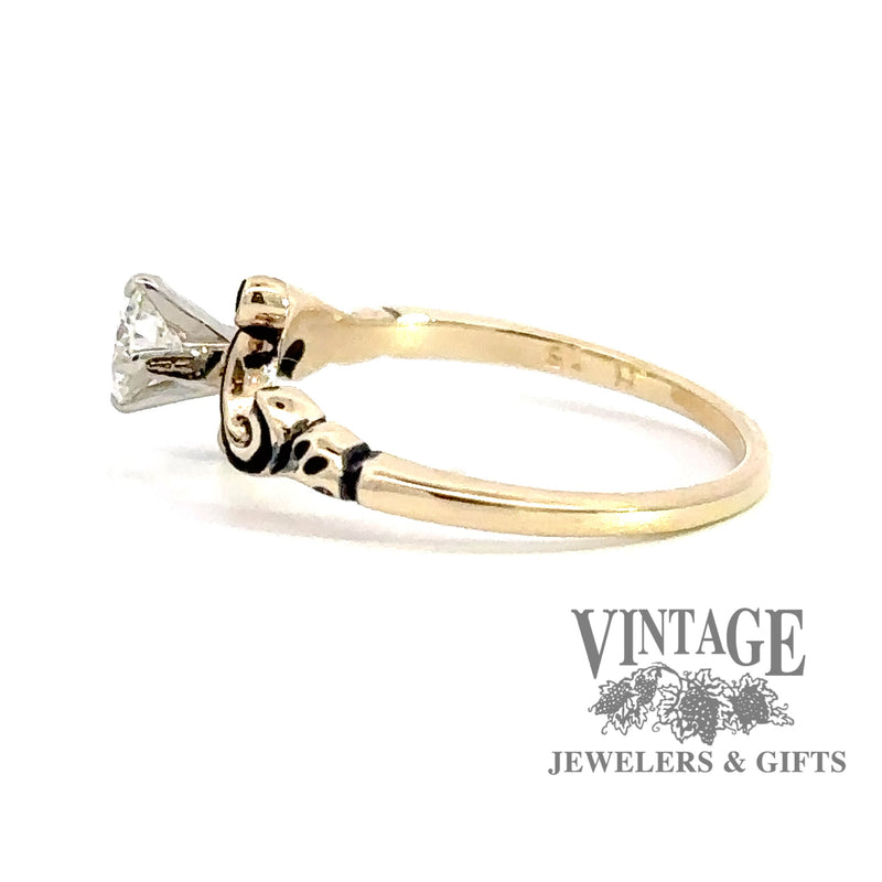14 karat yellow gold scroll motif .29 carat diamond solitaire ring, left side view