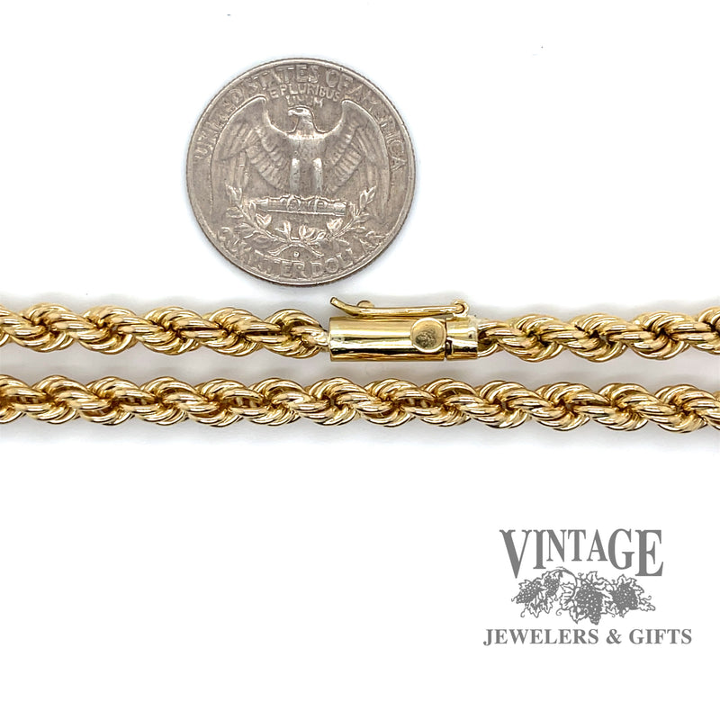 22” 18ky gold 5.2 mm solid rope chain quarter for scale