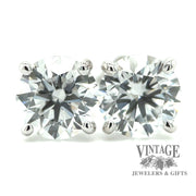 14 karat white gold 2.06 ct. total weight round lab grown diamond stud earrings, close up