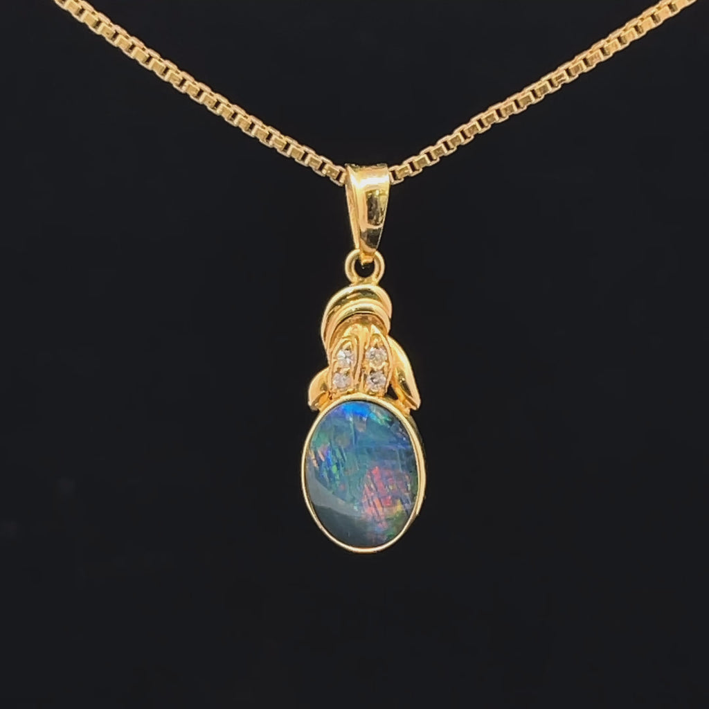 Black opal 14k yellow pendant with diamond accents video