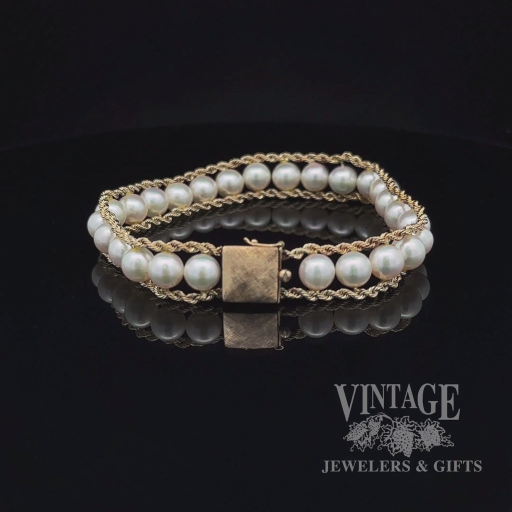 Revolving video of Vintage 14 karat yellow gold cultured pearl and rope chain bracelet
