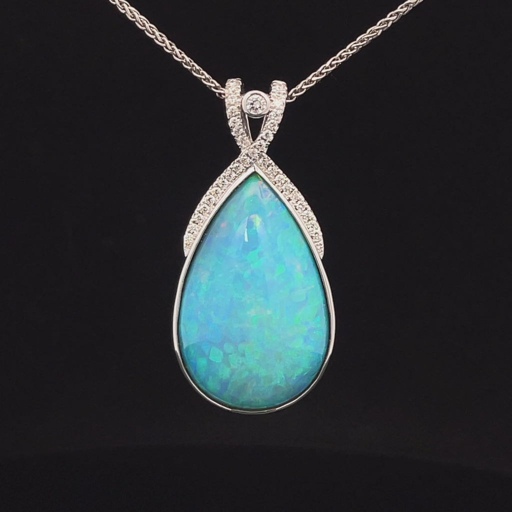 Blue/green opal 14k white gold and diamond pendant Video