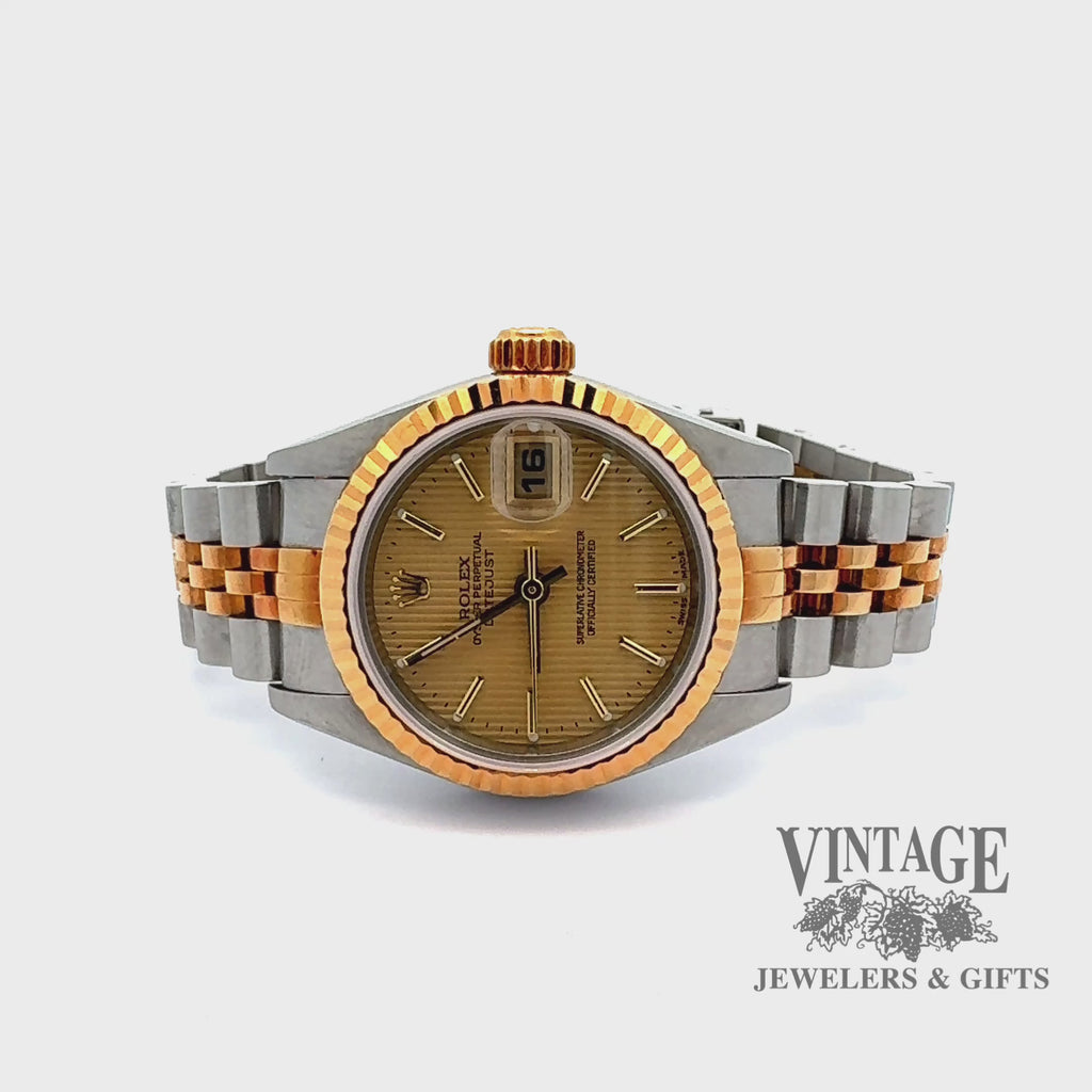 Revolving video of ladies pre-owned Rolex stainless steel and 18ky gold Oyster perpetual datejust watch