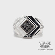 Revolving video of 14 karat white gold black diamond geometric signet ring