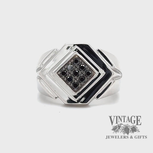 Revolving video of 14 karat white gold black diamond geometric signet ring