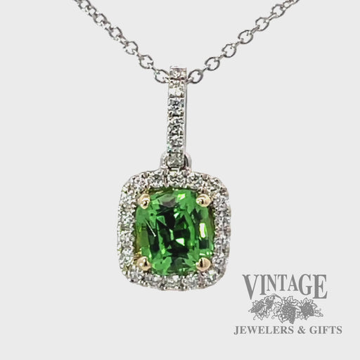 Tsavorite garnet and diamond cushion shaped 14kw gold necklace video.