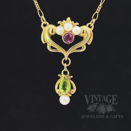 Art Nouveau pink tourmaline, peridot, and pearl Lavalier 18k gold Necklace video