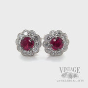 Halo Natural Ruby and Diamond Stud 14k White Gold Earrings Video