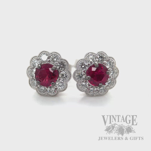 Halo Natural Ruby and Diamond Stud 14k White Gold Earrings Video