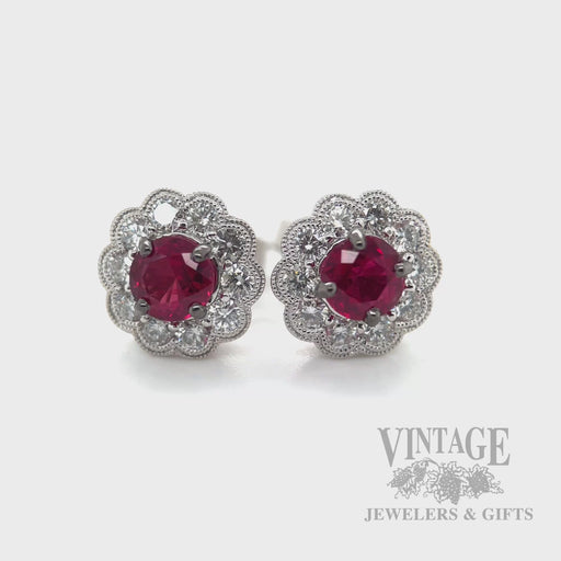 Halo Natural Ruby and Diamond Stud 14k White Gold Earrings Video